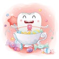 Happy teeth cute cartoon with candy.Use dental floss for oral dental hygiene Royalty Free Stock Photo