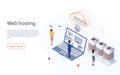 Web hosting concept with character. Big data flow processing concept, cloud data base. Concept cloud computing, data