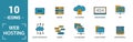 Web Hosting icon set. Include creative elements data structure, cloud technology, ssd, file access, modem icons. Can be used for