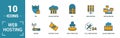 Web Hosting icon set. Include creative elements data structure, cloud technology, ssd, file access, modem icons. Can be used for