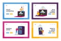 Web Hosting Landing Page Template Set. Tiny Characters at Huge Laptop, Phone or Server Equipment. Web Programming Royalty Free Stock Photo