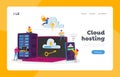 Web Hosting Landing Page Template. Tiny Characters at Laptop, Phone and Server Equipment. Web Programming, Cloud Storage Royalty Free Stock Photo