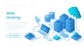 Web hosting, ?loud computing storage, Database, Network connection. Hosting servers, computer, cloud. Royalty Free Stock Photo