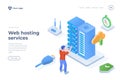 Web hosting services isometric landing page template cartoon programmer providing server technical support