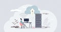 Web hosting with storage in server and database upload tiny person concept Royalty Free Stock Photo