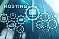 Web Hosting Technology Internet and Networking Concept. On Server room background. Virual screen.