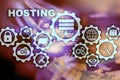 Web Hosting Technology Internet and Networking Concept. On Server room background. Virual screen