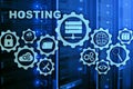 Web Hosting Technology Internet and Networking Concept. On Server room background. Virual screen