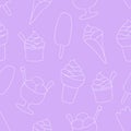 Ice-cream seamless pattern. White Line on purple background. Summer food. Vector illustration. Sweet Frozen Desserts. Design Royalty Free Stock Photo