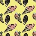 Ice cream seamless pattern on a yellow background. Hand drawn Royalty Free Stock Photo