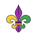 Fleur de lis, gerald lily in Mardi Gras colors. Isolated single symbol on white background