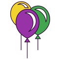 Three air balloons in Mardi Gras colors. Isolated single symbol on white background