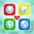 Web icons of earth globe social networking with heart, vector global set Royalty Free Stock Photo