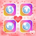 Web icons of earth globe social networking with heart, vector global set on valentines day Royalty Free Stock Photo