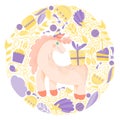 Illustration with cute Unicorn and gifts in magical world.