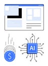 Web interface, financial growth indicated by falling coins, and AI integration represented by microchip Royalty Free Stock Photo