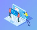 Web interface upgrade. Web developers, programmers at work. Isometric people working with laptop, content replacement
