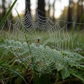 The web is intricately woven, with a small spider (Araneae order) positioned Royalty Free Stock Photo