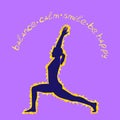 Isolated human silhouette stands in a yoga pose on violet background. Vector sign of stands at Crescent pose woman with aura