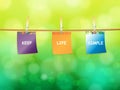 Hanged notes with pins green bokeh lights background Royalty Free Stock Photo
