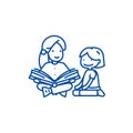 Kindergarten teacher,woman reading line icon concept. Kindergarten teacher,woman reading flat vector symbol, sign