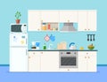 Kitchen interior with furniture.Shelves with spices and fruits. Microwave oven, fridge, coffee machine and other equipment