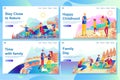 Web landing page design template shows happy couple playing with children on nature.