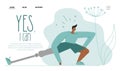 Web landing page with sports man birth anomaly, has bionic leg, titanium foot, implant or prosthesis. Vector