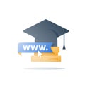 Web learning, online education, distant study, graduation hat and books stack, cursor arrow click