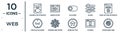 web linear icon set. includes thin line looking for students, on slider, page setting interface, cobweb and spider, closing,