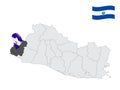 Location of Ahuachapan Department on map El Salvador. 3d location sign similar to the flag of Ahuachapan. Quality map with prov