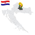 Location Bjelovar-Bilogora County on map Croatia. 3d location sign similar to the flag of Bjelovar-Bilogora County. Quality map