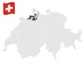 Location Canton of Basel-Landschaft on map Switzerland. 3d location sign similar to the flag of Basel-Landschaft. Quality map w