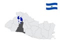 Location of La Libertad Department on map El Salvador. 3d location sign similar to the flag of La Libertad. Quality map with pr
