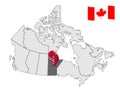 Location of  Manitoba on map Canada. 3d Manitoba location sign. Flag of Manitoba Province. Royalty Free Stock Photo