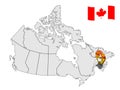 Location of New Brunswick on map Canada. 3d New Brunswick location sign. Flag of New Brunswick Province.