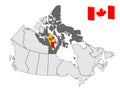 Location of Nunavut on map Canada. 3d Nunavut territory location sign. Flag of Nunavut. Quality map of Canada.