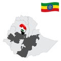 Location Oromia Region on map Ethiopia. 3d location sign similar to the flag of Oromia. Quality map with provinces Ethiopia for