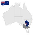 Location of Victoria on map Australia. 3d Victoria  flag map marker location pin. Quality map with States of Australia for your we Royalty Free Stock Photo