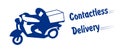 Logo contactless delivery in blue. Concept of Contactless delivery with Man in medical mask on motorcycle for your web site de