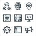 web maintenance line icons. linear set. quality vector line set such as megaphone, web, settings, monitor, coding, bug, pin, Royalty Free Stock Photo