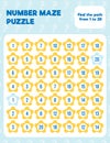 Math number maze puzzle. Prinatble math worksheet page. Royalty Free Stock Photo