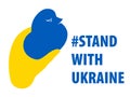 Message of peace. Dove in hand symbol of peace with the message: `Stand with Ukraine`. Banner in colors Ukrainian flag.