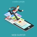 Web mobile surfer flat vector isometric: businessman smartphone Royalty Free Stock Photo