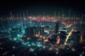 web network illuminated digital night city, cityscape web3 blockchain technology Internet connection generative ai
