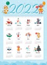 2022 new year creative monthly calendar for kids with cute funny animals characters design template.