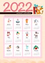 2022 new year creative monthly calendar for kids with cute funny animals characters design template.
