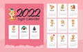 2022 new year creative monthly calendar for kids with cute funny tigers animals characters design template.