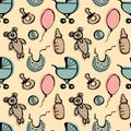 Newborn seamless pattern. A hand drawn doodle