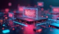 Web page design concept visualized on glowing display. Modules fly around screen. Modern tech interface shows programming code. Royalty Free Stock Photo